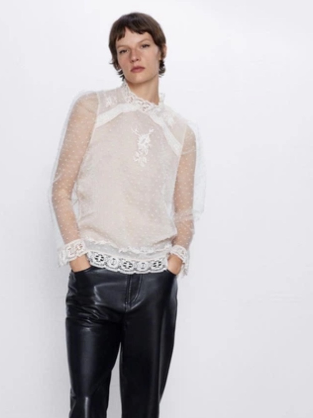 Zara Sheer White Lace-Trim Blouse